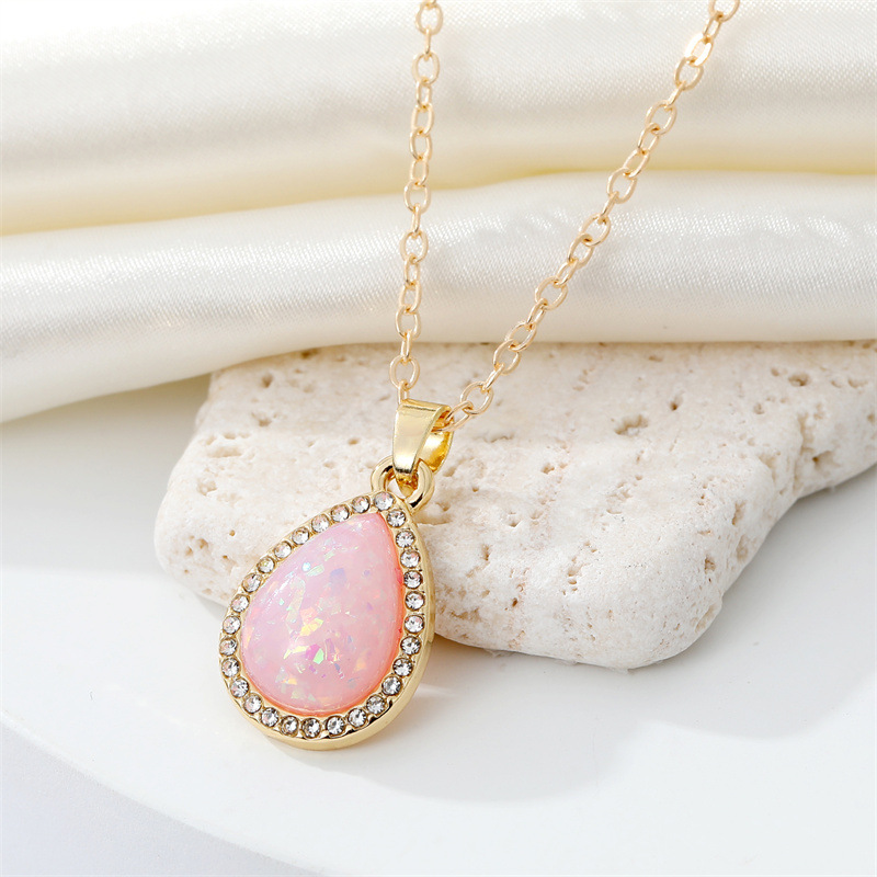 Vintage Bohemian Full Diamond round Water Drop Resin Necklace Simple Opal Pendant Necklace CrossBorder Sold Jewelrypicture10