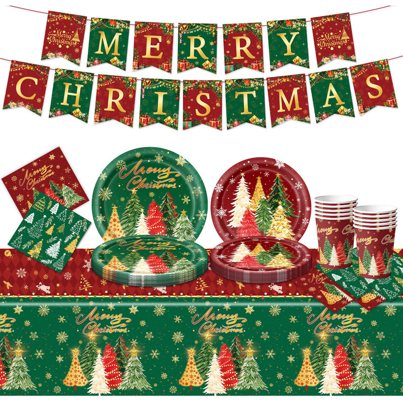 Cross-border new product Christmas tree themed party supplies disposable tableware atmosphere decoration paper plates and paper cups Cross-border new product Christmas tree themed party supplies disposable tableware atmosphere decoration paper plates and paper cups