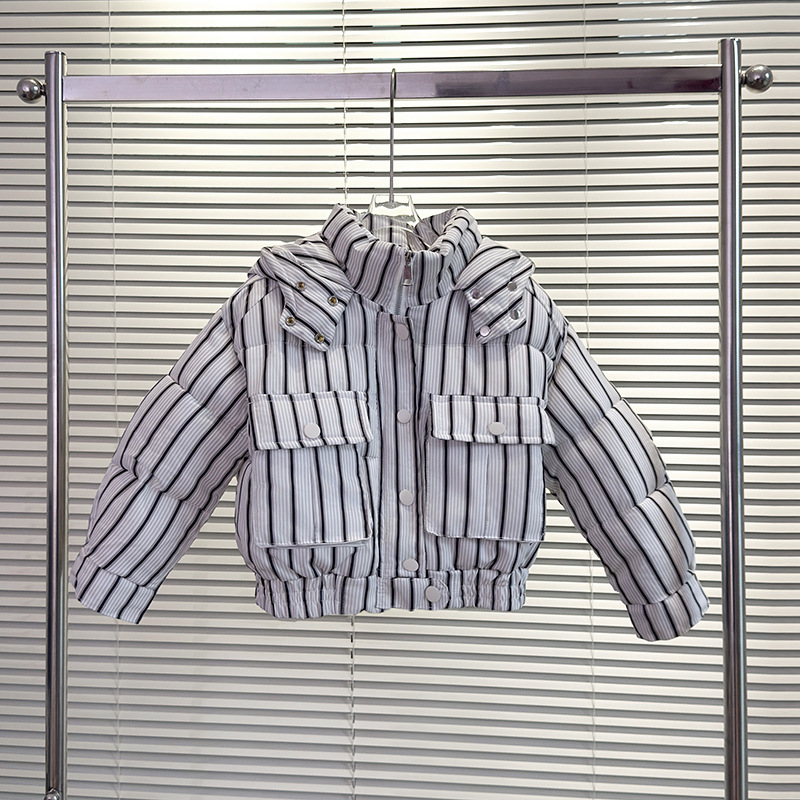 女童冬款竖条羽绒棉棉服2026新款韩版宽松保暖条纹连帽面包服棉服