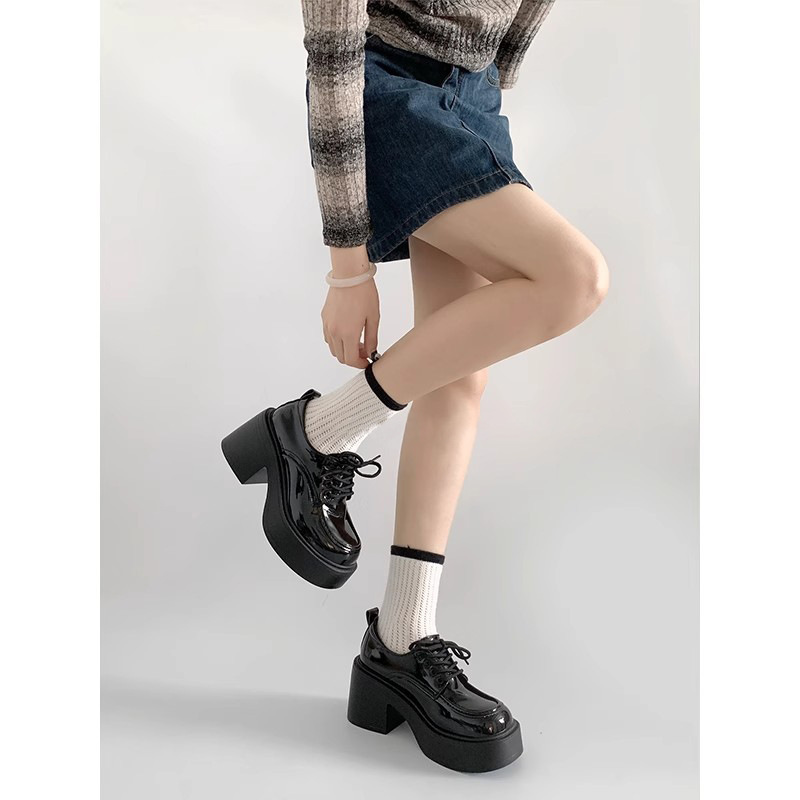 Chunky High-Heeled Lace-Up Leather Shoes for Women, Versatile Loafers with Thick Soles to Increase Height, British Style Single Shoes That Make You Look Taller
