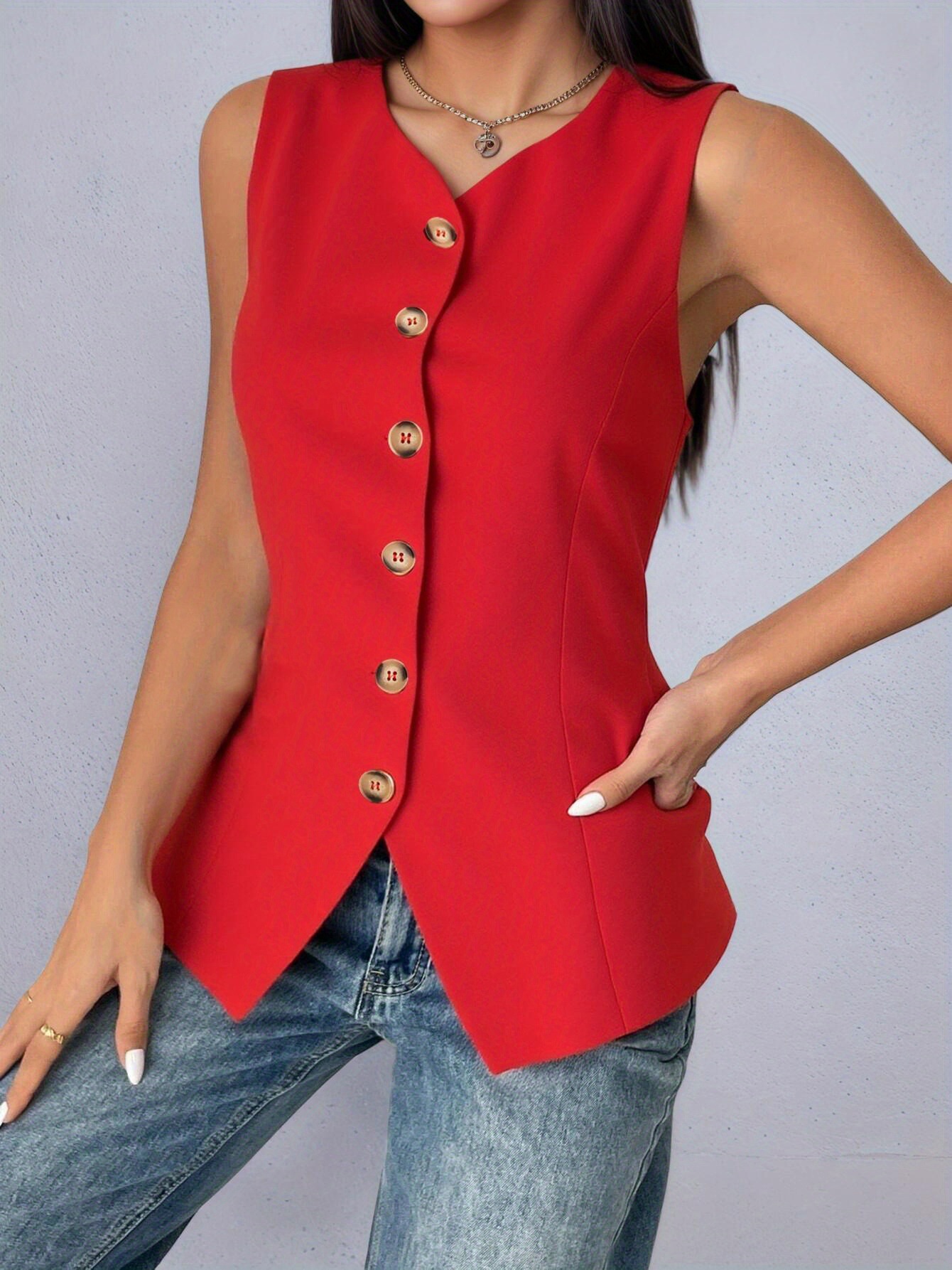 Women's Elegant Commuter Vest V Neck Mid Transfronterizo