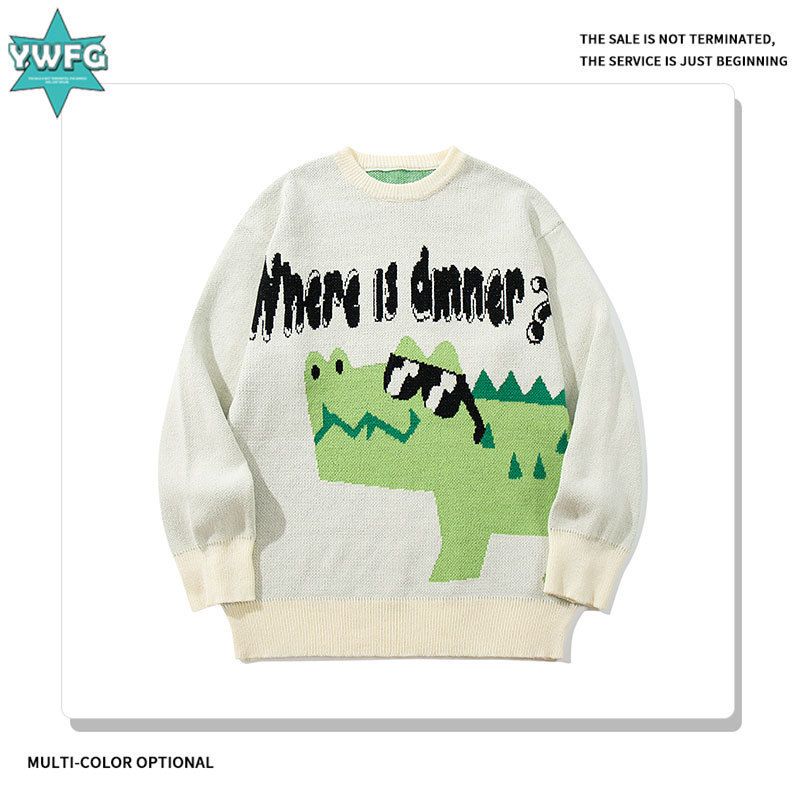 Amazon Temu Xiyin Popular Product Source Crocodile Cartoon Jacquard Sweater Loose Lazy Style Knitwear Sweater for Men