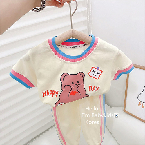 Girls Bear Rainbow Tie Suit Summer 2024 New Baby Girl Summer Clothes Casual Short Sleeves Long Pants Children's Clothes