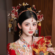 红色秀禾服新娘头饰中式分体套装龙凤褂额饰眉心坠发饰玫瑰花饰品