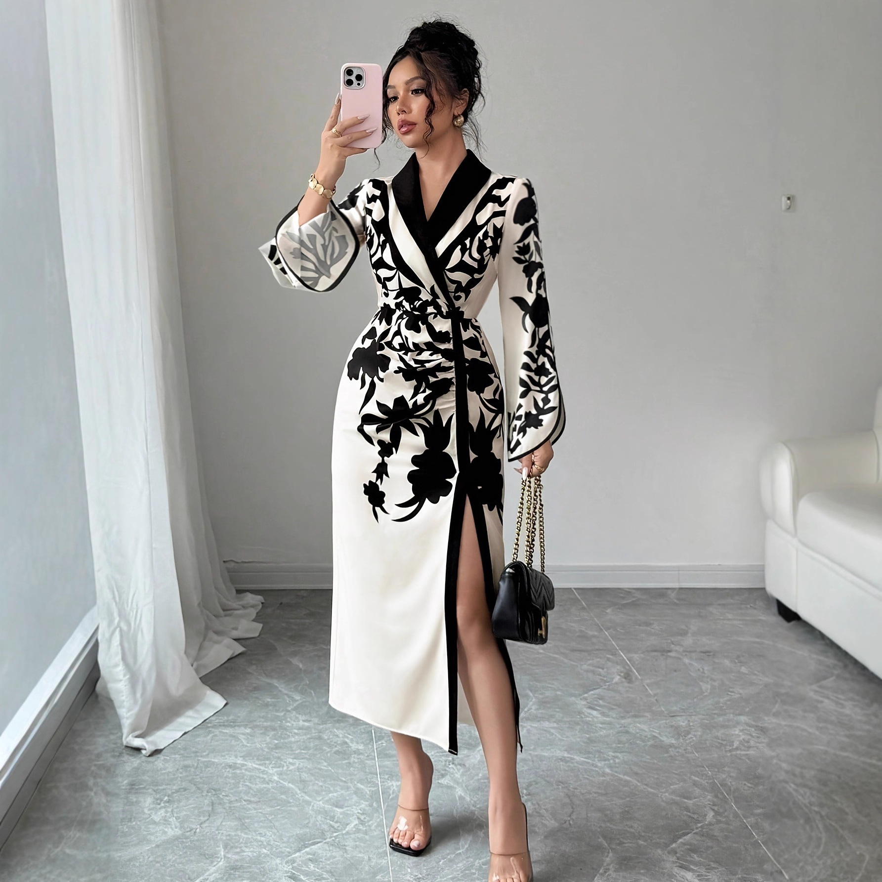 2025秋冬季女士法式优雅花卉印花交叉领开叉长款连衣裙