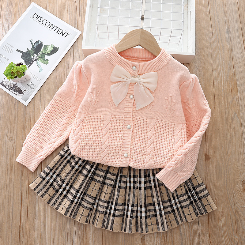 2023 neue kinder frauen Schatz Pullover Mädchen Gestrickte Bogen Rock Zwei Stück Set Modische_voghion.com