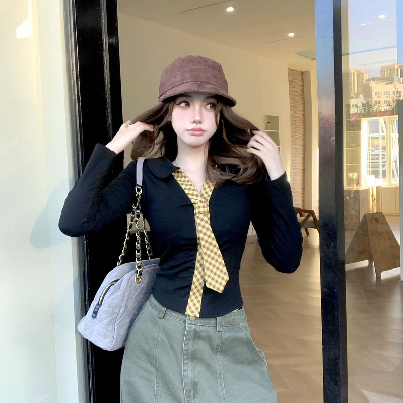 Autumn Korean Style Lapel Contrast Plaid Tie Long-Sleeved T-Shirt Slimming Look Women's Pleated Slim Fit Fixed Belt Top with Chest Pad Autumn Korean Style Lapel Contrast Plaid Tie Long-Sleeved T-Shirt Slimming Look Women's Pleated Slim Fit Fixed Belt Top with Chest Pad