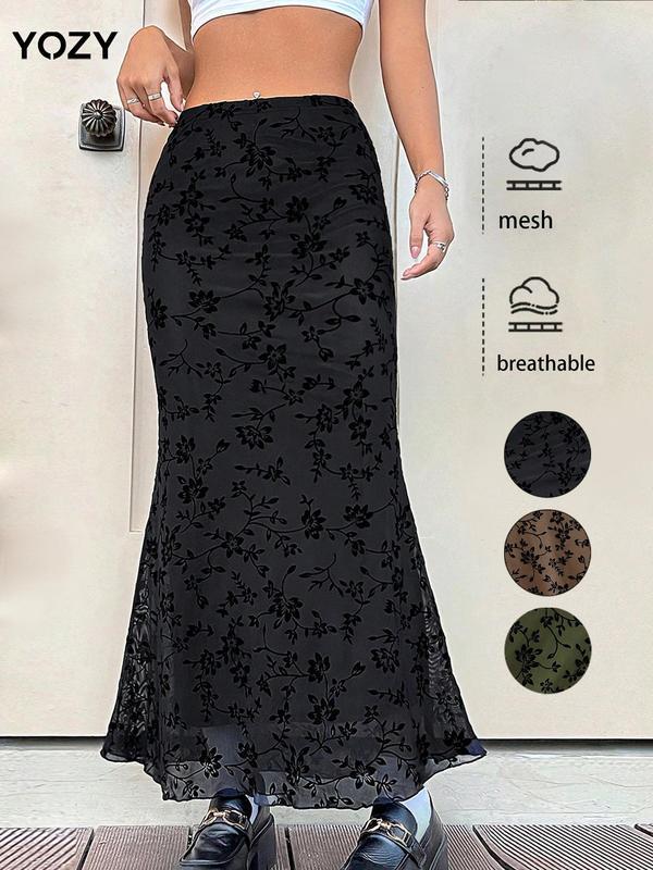Women's Floral Print Semi sheer Skirt Elegant Long Skirt for|undefined