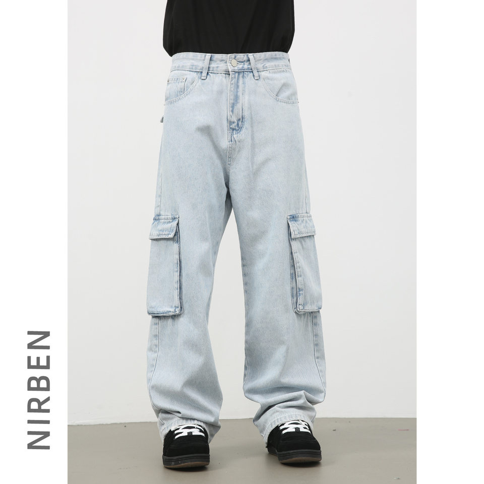 Quần jean nam ống rộng ống đứng dáng suông, vải denim giặt cổ điển, nhiều túi — Màu xanh lam