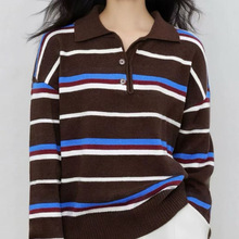 韩系慵懒风咖色条纹翻领毛衣女2025秋冬时尚设计感复古针织衫