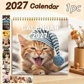 跨境爆款2027猫咪挂历 萌宠搞笑图片 月度日历本