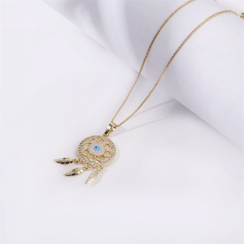 eye copper micro zircon feather tassel dream catcher necklace