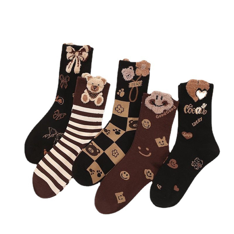 Sock children's autumn and winter feather yarn cartoon three-dimensional teddy bear long tube socks, internet famous Instagram trendy and versatile forest style mid tube socks