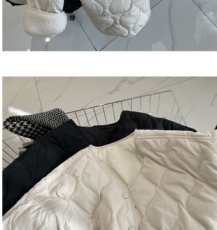 Collarless lamb wool splicing light and thin winter Korean version loose small fragrant dia plaid warm cotton jacket_voghion.com