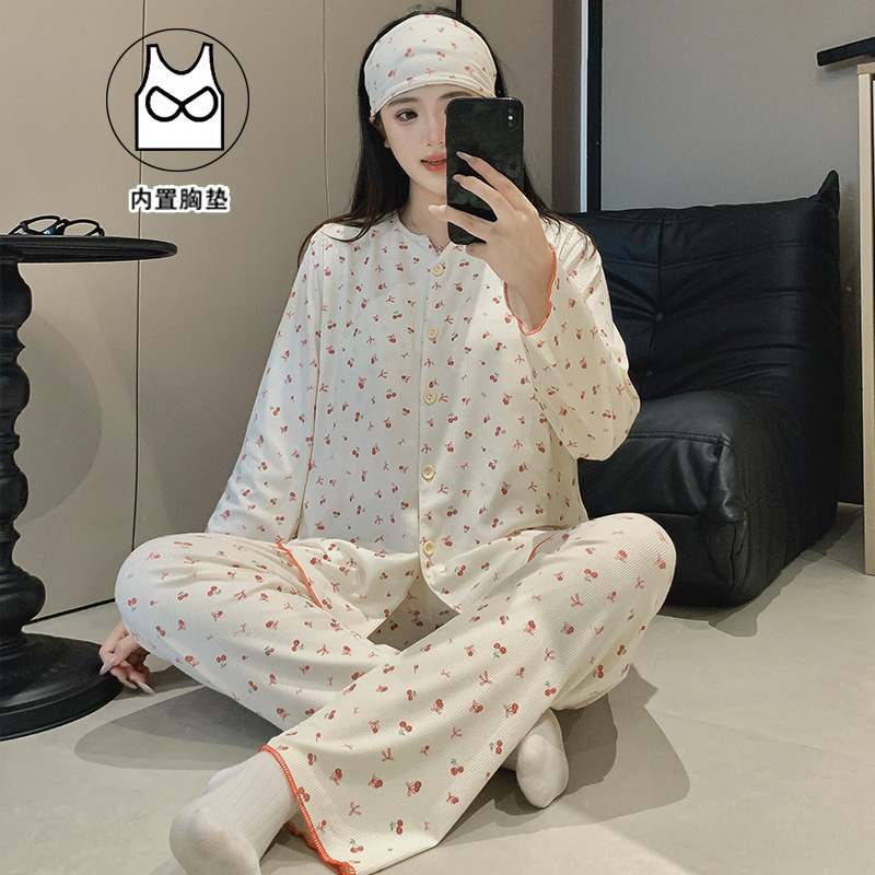 Xiyue Wholesale Summer 7A Antibacterial Pure Cotton Maternity Pajamas with Chest Pads for Postpartum Mothers, Includes Hairband Xiyue Wholesale Summer 7A Antibacterial Pure Cotton Maternity Pajamas with Chest Pads for Postpartum Mothers, Includes Hairband