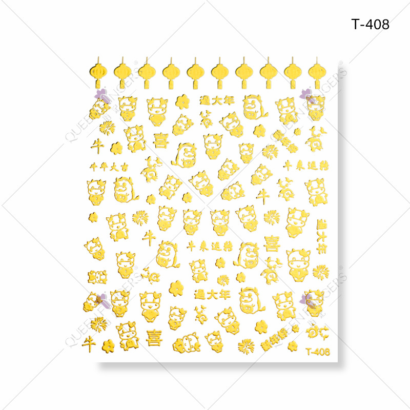 Dedo bowknot diamante bronceado DIY pasta de uñas gato línea geométrica buey Año Nuevo serie manicura pegatinas