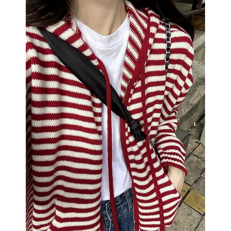 Contrast Color Striped Hooded Zipper Sweater Coat Women's Spring and Autumn New Casual Long Sleeve Top Loose Knitted Cardigan Contrast Color Striped Hooded Zipper Sweater Coat Women's Spring and Autumn New Casual Long Sleeve Top Loose Knitted Cardigan