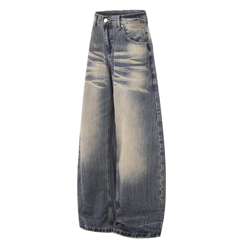 Men's Retro Blue Washed Whiskered Wide Leg Scimitar Jeans Casual Loose Fit American High Street Style Spring New Trousers For Women_mkmklike.com