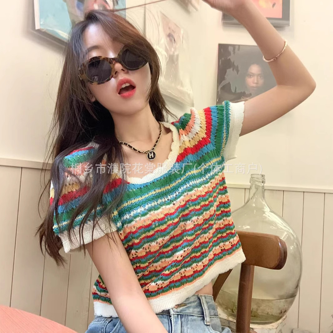 夏季新款百搭彩虹条纹针织衫圆领镂空设计正肩韩版短袖短款女上衣|ru