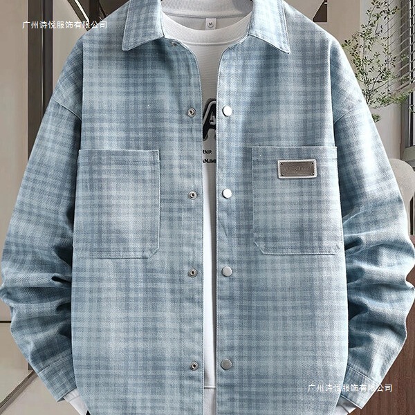 American Casual Style Plaid Denim Single-Layer Shirt Jacket for Men with Lapel, Loose Fit, Versatile Trendy Brand Jacket, New Spring Model