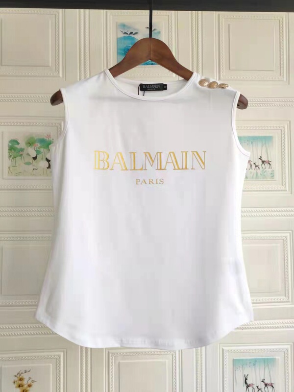 Liu Yuyun's Same Style Balmain Bronzing Letters Cotton Balmain Gold Buckle Arc Hem Sleeveless Vest for Women