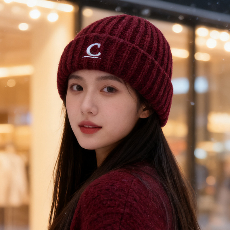 秋冬保暖针织毛线帽子男女韩版C字母刺绣瓜皮帽显脸小情侣冷帽潮|undefined