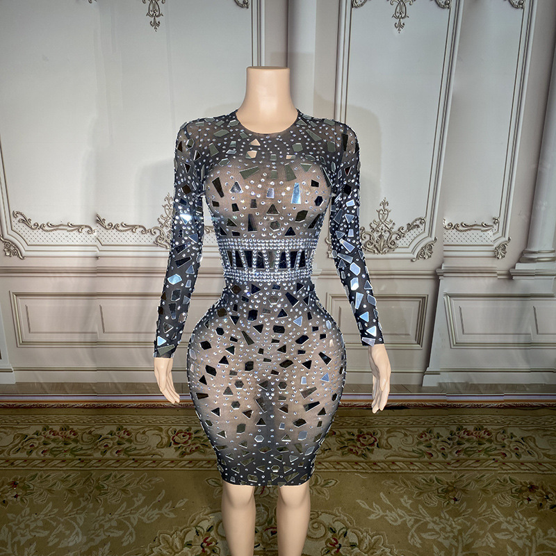 Skinny Transparent Cocktail Dress Sparkling Crystal Club Sexy Perspective Hip Party Dress Performance Dress
