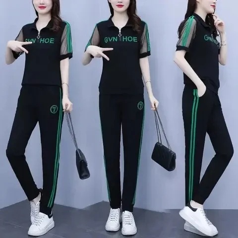 Fashion Sports Suit for Women Summer New Korean Style Large Size Loose Slimming Printed Style Stand Collar Casual Two-Piece Set