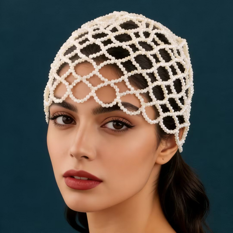 New Style Handmade Beaded White Jade Crystal Mesh Hair Hat, Personalized and Fashionable Mesh Accessories, Popular Cross-Border Product in Europe and America