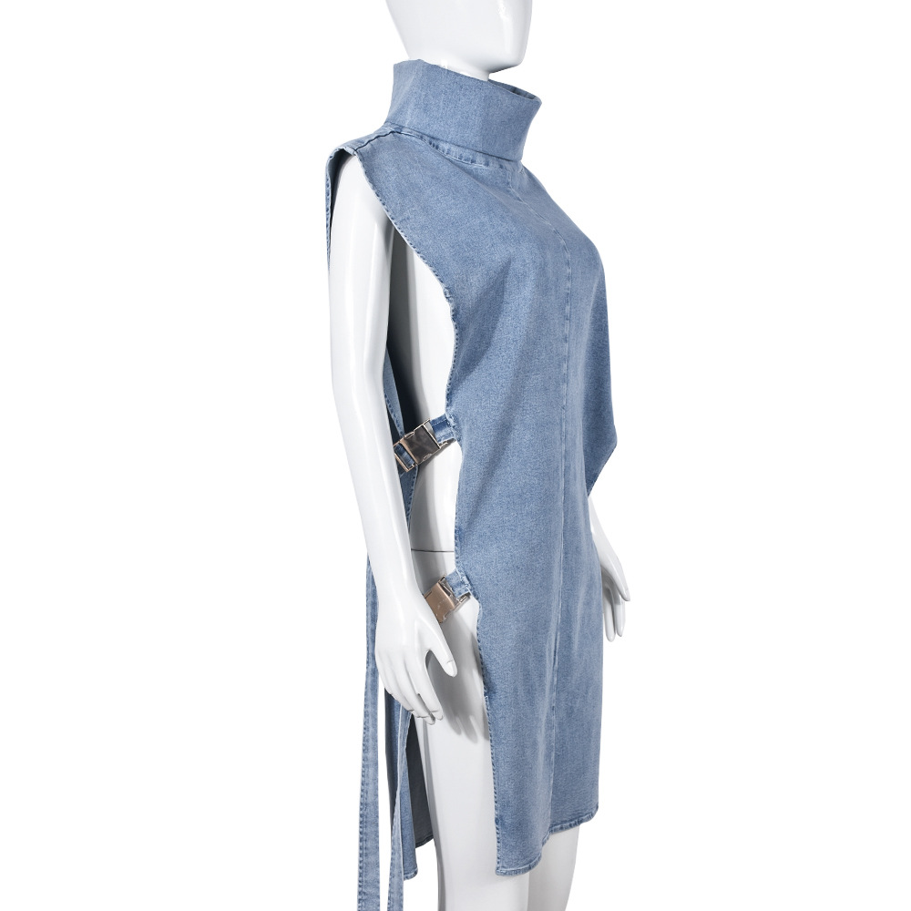 Denim Dress Sexy Cutout Washed Turtleneck Dress Women