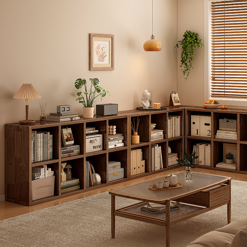Chinese Style Vintage Solid Wood Plaid Cabinet Floor Bookshelf Integrated Mortise and Tenon Joint Cabinet Storage Cabinet Low Bookcase Storage Rack