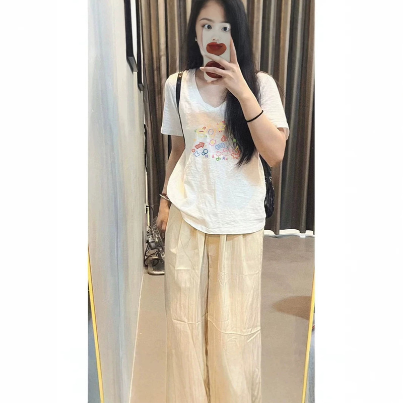 V-Neck Snowflake Cotton Breathable T-Shirt for Women, Regular Shoulder Short-Sleeve White Lazy Style Top, New 2026 Summer Model