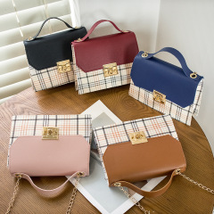 女包2021新款撞色格紋鎖扣手提鏈條小方包休閒手機包外貿禮品小包