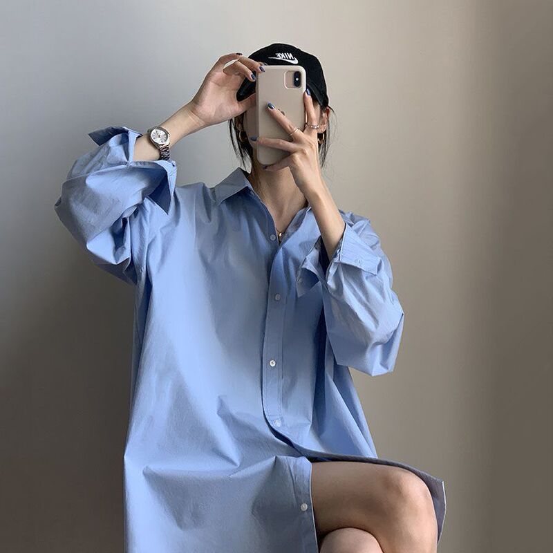 Mid-Length Shirt for Women, Autumn Long-Sleeved Loose Casual White Shirt, Boyfriend Style Top with Design and Missing Bottom
