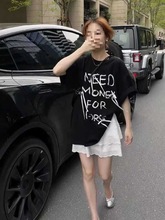 夏季韩版宽松字母蝴蝶结圆领中长款短袖T恤女百搭设计感洋气上衣