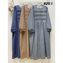 2023女秋季新款日系森系清新长袖棉麻连衣裙宽松大码胖mm碎花裙女