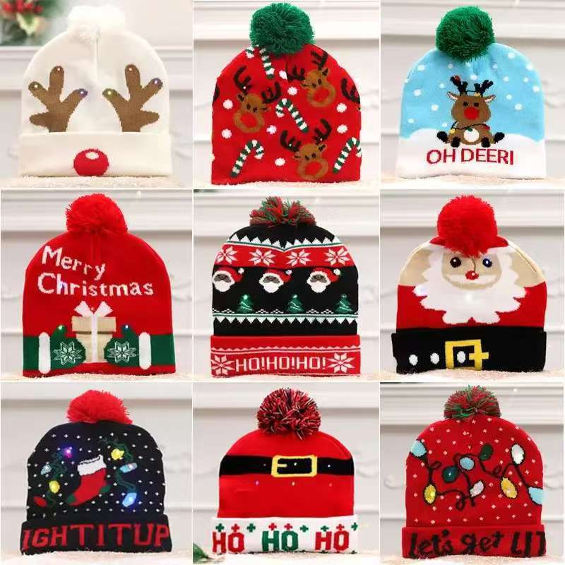 100% アクリル秋と冬のファッションクリスマス LED ライトニット帽子カラーライトパーティー暖かい大人のボール帽子|undefined