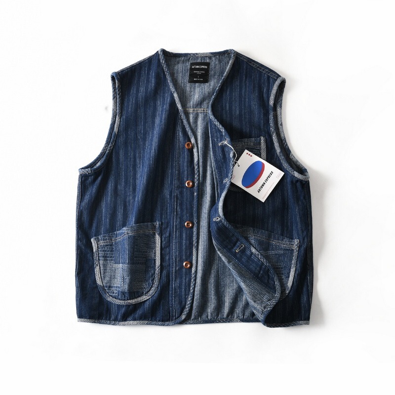 Washed Vintage Contrast Color Denim Vest Men's Loose Casual Autumn Collared Vest Jacket