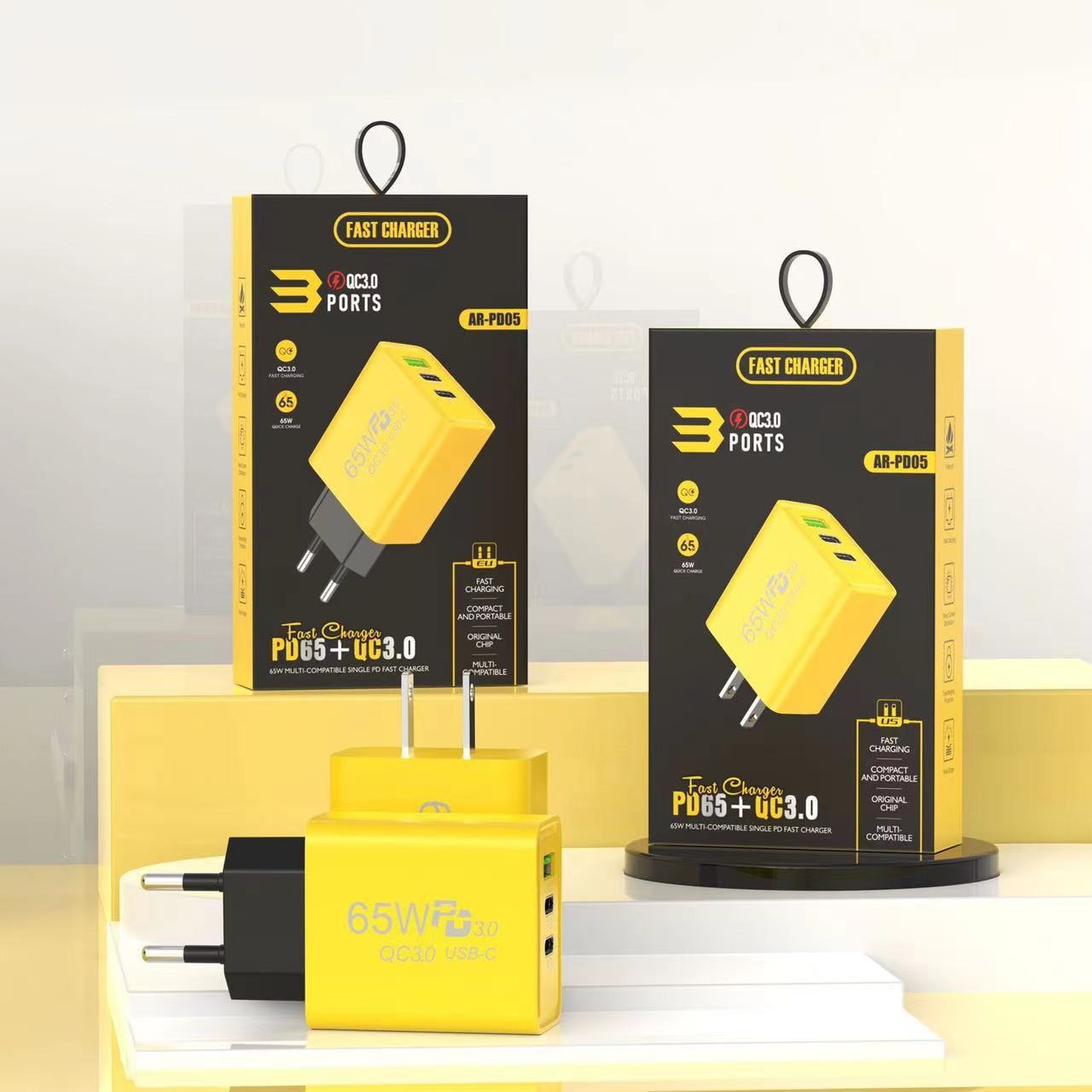 Cargador de carga rápida para teléfono móvil de 65W, doble tipo C + USB único, multipuerto PD, carga rápida, estándar de EE. UU., estándar europeo, cabezal de carga estándar británico