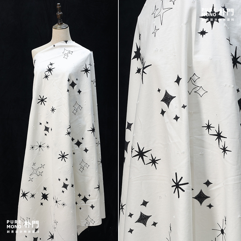 Pumeng 100% Cotton Black and White Star Embroidery Fabric Handmade Designer DIY Shirt Clothing Embroidery Fabric