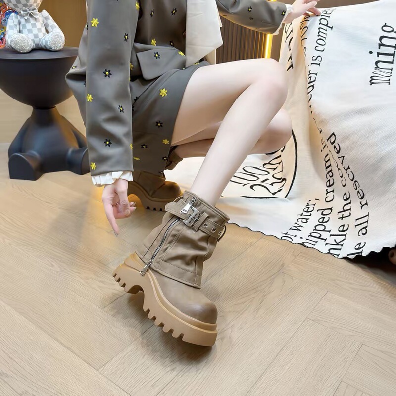 欧货时尚圆头美拉德西部牛仔辣妹风厚底马丁靴机车短靴堆堆靴女鞋|undefined