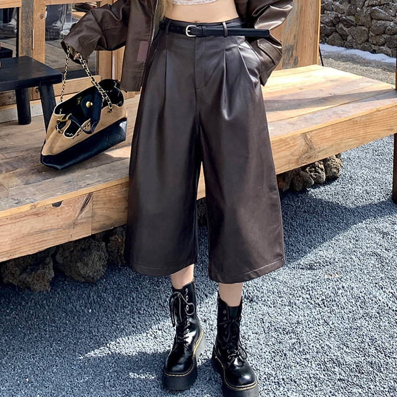 2025 Autumn and Winter New High-Waisted Slim Casual Seven-Eighth Length Leather Pants Soft Pu Leather Trendy Cool Wide-Leg Mid-Pants Boot Pants for Women 2025 Autumn and Winter New High-Waisted Slim Casual Seven-Eighth Length Leather Pants Soft Pu Leather Trendy Cool Wide-Leg Mid-Pants Boot Pants for Women