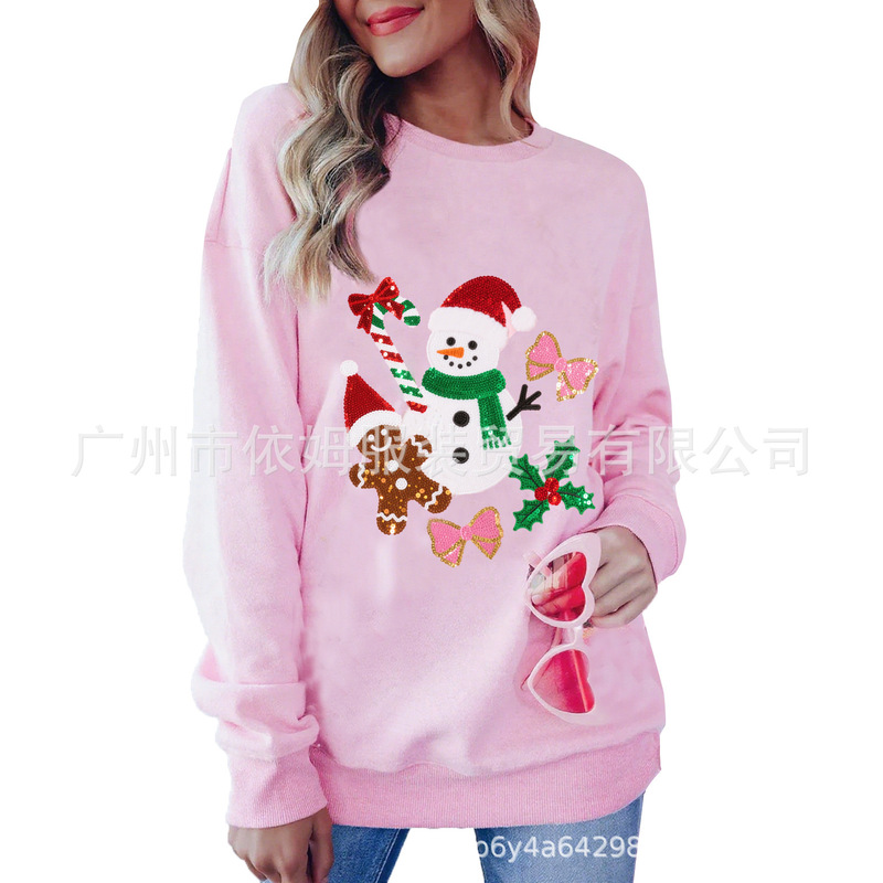 亚马逊25秋冬新款跨境欧美女装圣诞节亮片套头卫衣长袖休闲上衣女|undefined