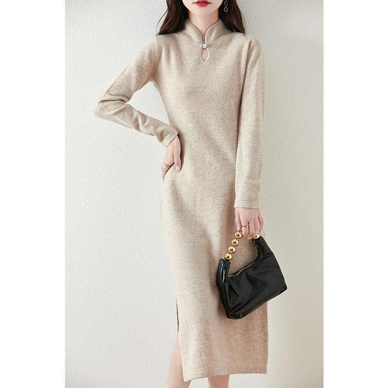 New Chinese Wool Knitted dress Coat Loose Long Inner Cheongsam Dress 2024 Autumn and Winter New