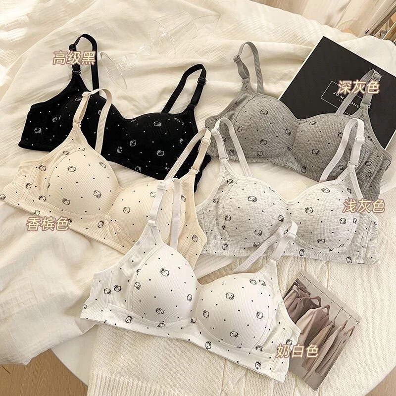Weiyage Sweet and Cute Kt Cat-Themed Underwear for Women, Small Chest, Comfortable, Wireless, Thin, Breathable, Student High School Bra