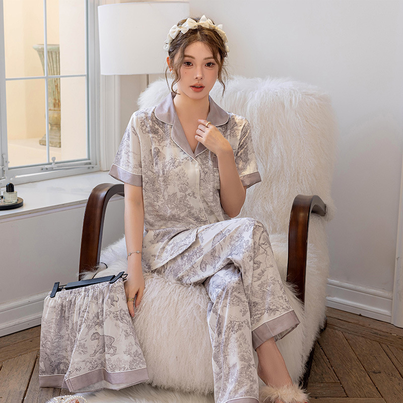 Daisian Clothing Ice Silk Pajamas Summer Thin Three-Piece Set Short Sleeve Elegant Slimming Internet Celebrity Set High-End Luxury Gray Daisian Clothing Ice Silk Pajamas Summer Thin Three-Piece Set Short Sleeve Elegant Slimming Internet Celebrity Set High-End Luxury Gray