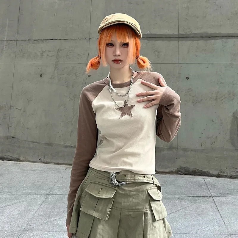European and American Street Retro Black Star Fashion Printed Tops Sexy Trbottomyy Contrasting Color Hemmed Autumn Bottoming Long Sleeves