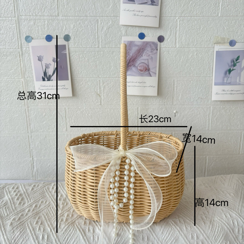 플라스틱 등나무 베이지색 배 - 꽃바구니 + 리본 + 꽃머드 + 진주