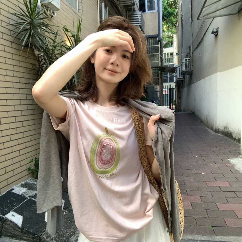 Hers Sweet Summer Korean Style Unique Pattern Guava Print Loose Slimming Round Neck Short Sleeve T-Shirt for Women 80701 Hers Sweet Summer Korean Style Unique Pattern Guava Print Loose Slimming Round Neck Short Sleeve T-Shirt for Women 80701