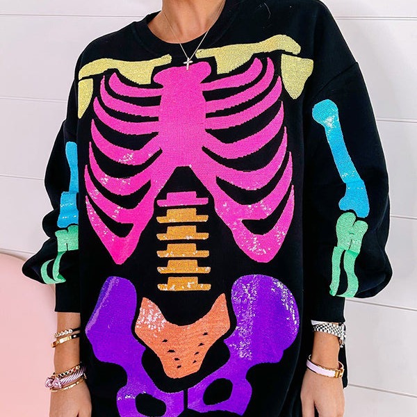 Cráneo humano Impresión digital cuello redondo suéter de Halloween 2023 estación independiente suministro ropa las mujeres